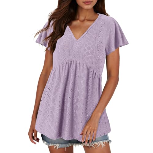 Womens Tops Dressy Casual Women Summer Top Short Sleeve Shirts Puff Sleeve Blouse V Work Out Shirt (Purple, L)