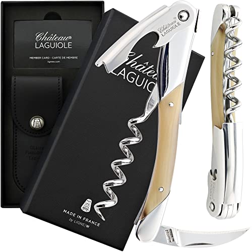 Chateau Laguiole Corkscrew - Grand Cru - White Horn French Luxury Laguiole Wine Opener – Laguiole Wine Key Made in France - Wine Sommelier Bone Handle Wine Corkscrew with Leather Sheath & Gift Box