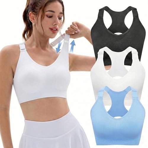 FITTIN Support Sports Bras for Women: 3 Pack Racerback Padded Full Coverage Adjustable Strap Bra for...
