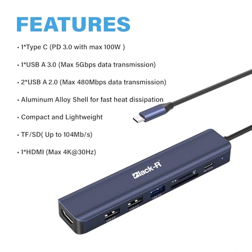 Image of Black-R USB C Docking Station (7-in-1), 100W Power Delivery, 4K HDMI, USB 3.0, 2*USB 2.0 Ports, SD /Micro SD Card Slot Adapter for Laptops /Tablets with Type-C Port