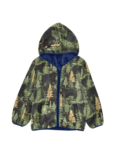 Green Forest Black Bear Girls Fleece Jacket Girls Fall Jacket Boys Coats Zip Up Hoodie Children Sherpa Warm Outerwear 2-10T
