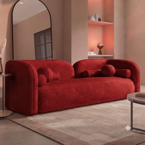 Image of CRAFTCITY Curved 3 Seater Cloud Sofa Upholstered 3 Seater Sofa for Living Room Bedroom Home Office Meeting Room Velvet Fabric Sofa (Red)