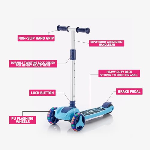 Image of JoyRide Road Runner The Smart and Smooth Stark Kids Skate Scooter, 3-Level Adjustable Handle, Anti-Slip Footplate, 3 PU LED Wheels, Rear Brake (Blue)