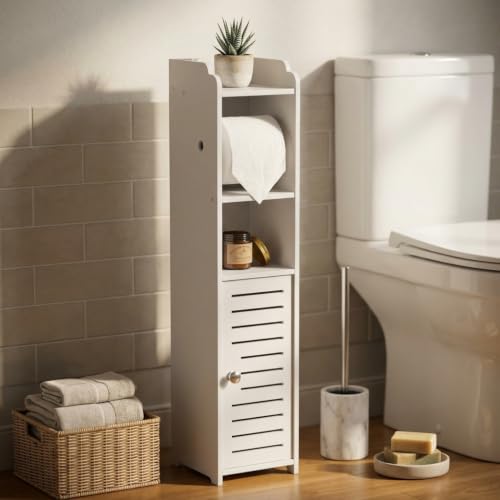Armário Organizador de Banheiro de Chão em PVC com Porta-Papel Higiênico | Organizador compacto para banheiros, Prateleiras e Armário Inferior, Branco