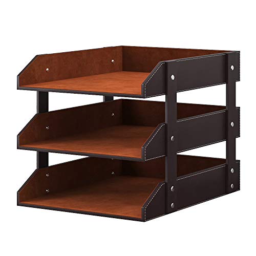 Leather Desk Organizer, VOYUTHY 3-Tier Stackable Desk Paper Tray for Files and Documents, Perfect Leather Letter Holder for Office (Brown)