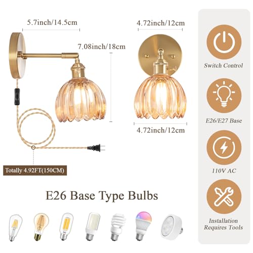 Image of Plug-in Wall Sconce, Vintage Wall Decorative Lamp with Amber Glass Shade, Indoor Plug-in Wall Sconce for Bedroom, Living Room, Hallway