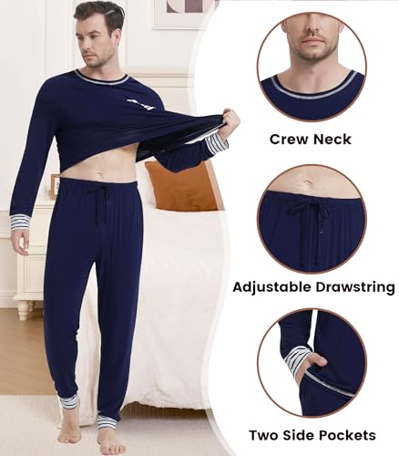 Image of NACHILA Mens Pajamas Set Long Sleeve Henley Sleepwear Top Soft Jogger Pants Pajamas Cool Pjs Set,Viscose Made from Bamboo