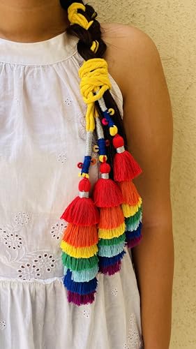 Image of Zippy Flora Satrang Cotton Parandi (Multi) | Handmade Boho Parandi | Traditional Hair Accessory with Braid Tassles & Shells | Hair Extension |Choti for Women | 22 Inches Length