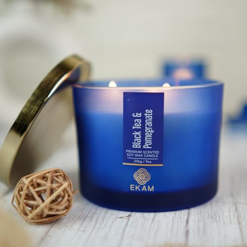 Image of EKAM 3 Wick Soy Wax Scented Candle | Black Tea & Pomegranate Fragrance | 35 Hr Burn | Long Lasting Premium Jar Candle for Home Decor, Relaxation & Gifting