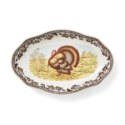 Spode Woodland 8.5" Pickle Dish, Turkey Design, Earthenware, Dishwasher Safe, Thanksgiving Dining, Serving Plate for Main Courses, Appetizers
