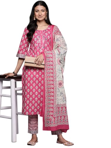 Libas Womens Printed Cotton Straight Kurta With Trousers and Dupatta