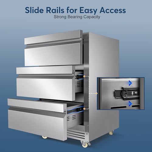 Image of Stainless Steel 3-Tier Drawer Fridge Undercounter, Outdoor Beverage Refrigerator with Wheels, Waterproof Design and Temperature Control for Home and Commercial Use