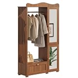 STAPERFO Garderobenschrank mit Spiegel & offener Kleiderstange, Kompaktgarderobe mit Schublade & 2 Türen, Holzfarbe Walnuss, für Schlafzimmer & Flur, 115,5x38,5x194,5 cm