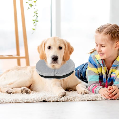 BUYGOO Aufblasbare Halskrause Hund, Aufblasbare Halskrause für Hunde & Katzen, Einstellbar Schutzkragen Hunde, Halskrause Hund Aufblasbar, Hundekragen für Genesung nach Operationen oder Wunden, Grau,L