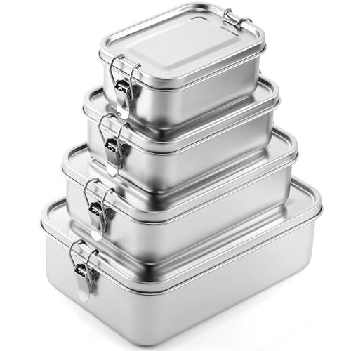 Umigy 4 Pcs Stainless Steel Food Containers 550/850/1400/2400 ml Metal Bento Lunch Box Stainless Steel Food Storage Containers, Lockable Clips to Leak Proof, Reusable Dishwasher Snack Boxes for Work