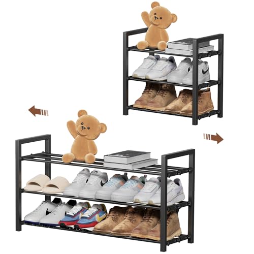 3-Tier Expandable Shoe Rack,Adjustable Shoe Shelf Storage Organizer Heavy Duty Metal Free Standing Shoe Rack for Entryway Closet Doorway (Black)