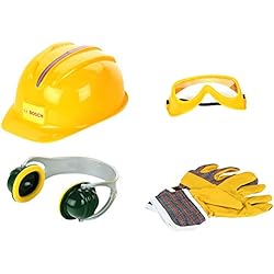 Casco Obra Juguete Theo Klein 8537 Set de Accesorios, Guantes de Trabajo, Gafas de Seguridad, Orejeras y Casco de Calidad, Medidas del Embalaje 30 cm x 38 cm 10 cm, Juguete para niños a Partir de 3 años