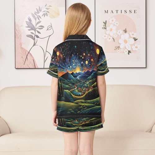 ALAZA Mountain Landscape Starry Night Satin Pajamas Set Short Sleeve Button Down Sleepwear Summer Pjs 2 Piece4