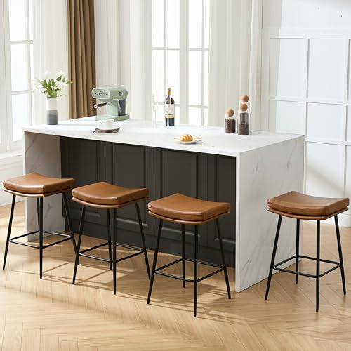 Image of Solstrand Saddle Bar Stools Set of 2,Counter Height Bar Stools for Kitchen Counter Farmhouse Modern Faux Leather Barstools with Upholstered Backless Seat and Solid Metal Legs, 26 inch Bar Chairs, Brown