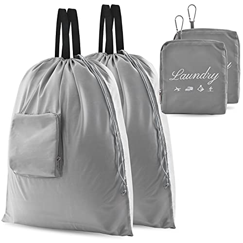 2 Pcs Travel Laundry Bags, JHX Dirty Clothes Organizer【Upgraded】with Handles and Aluminum Carabiner, Collapsible Laundry Bag for Travel, Camp, Fitness, and Students(Grey) 24