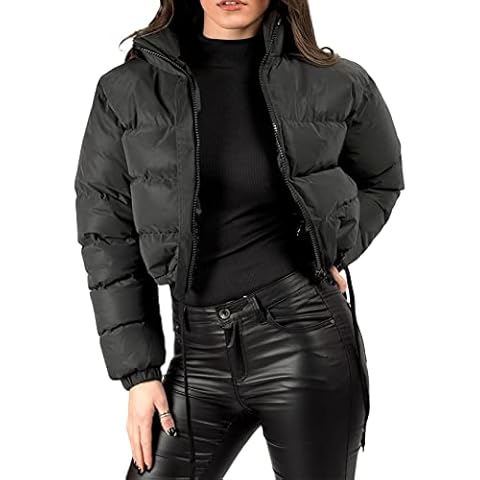 Women's Winter Padded Warm Cropped Puffer Jacket Long Sleeve Stand Collar Zipper Quilted Down Bomber Jacket Coats (Black , S ) Cover