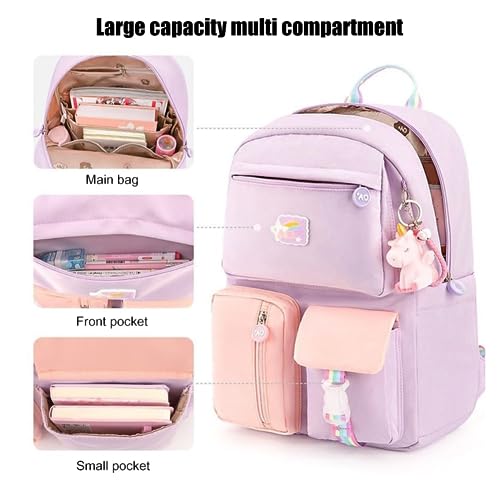 Kawaii Lightweight Backpack Large Capacity Book Rucksack with Pendant Comfortable Wide Shoulder Strap Backpack (Blue-Purple,Small)4