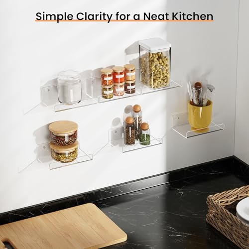 Image of upsimples 6 inch Acrylic Shelves, Small Shelf for Wall Decor and Display, 6 Pcs | Small Floating Shelf for Plants, Speaker, Toys, Invisible Wall Display for Bathroom, Bedroom, Living Room, Room Decor