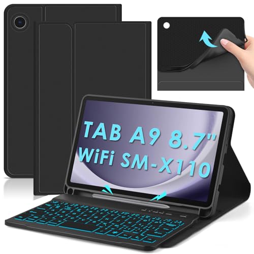 Detuosi #MA09559TYUS Backlit Keyboard Case For Samsung Galaxy Tab A9 8.7 Inch Sm-X110 Wifi 2023 Android Tablet With S Pen Holder | Soft Tpu Shockproof Back Cover cover