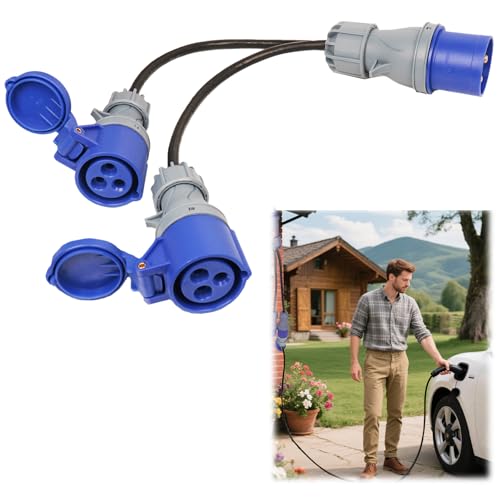 TUAKIMCE 32A Plug to 2 x 16A Sockets, 2 Way Heavy Duty Power Splitter, 230V Hookup Converter Cable, Electric Caravan Adapter Converter, Distributor Generator Caravan Adapter IP44
