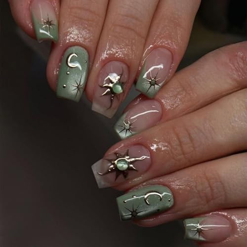 Nymora 24pcs Short Square Fake Nails Press Ons Gold Leaves Creamy White Green Nails Press Ons - Women Girls Nail Art Accessories