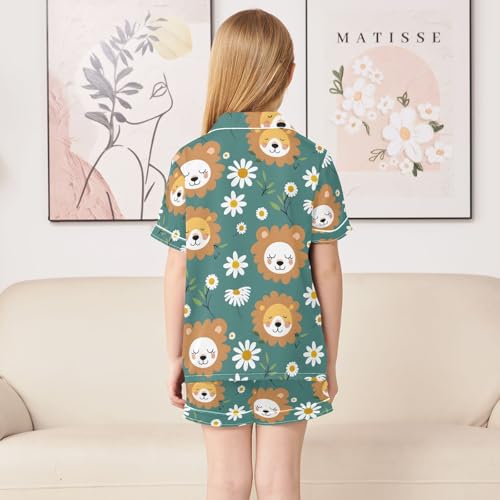 ALAZA Cute Lion Floral Daisy Blue Pajamas Satin Pajama Set Short Sleeve Button Down Sleepwear4