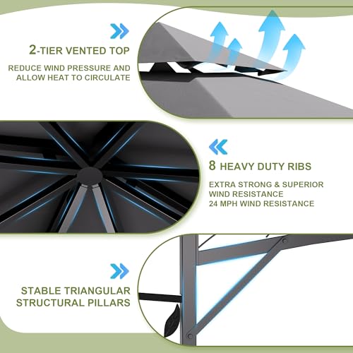 Devoko - Cenador de jardín (3,3 x 3,3 m, con 4 macetas, aluminio, pabellón de jardín, doble techo, aireado, marco follaje, cortinas desmontables, protección UV e impermeable, ideal para exteriores - imagen 4