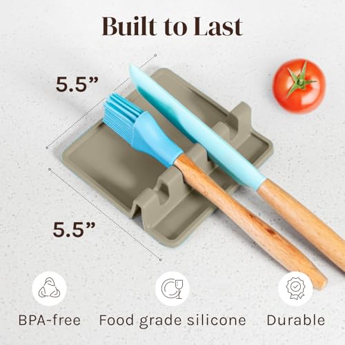 Image of Cooler Kitchen Sage Silicone Spoon Rest for Stove Top with Drip Pad (Two Pack) - Heat Resistant BPA Free Utensil Rest & Spoon Holder for Kitchen Counter - Grill Utensil Holder - Spatula Holder