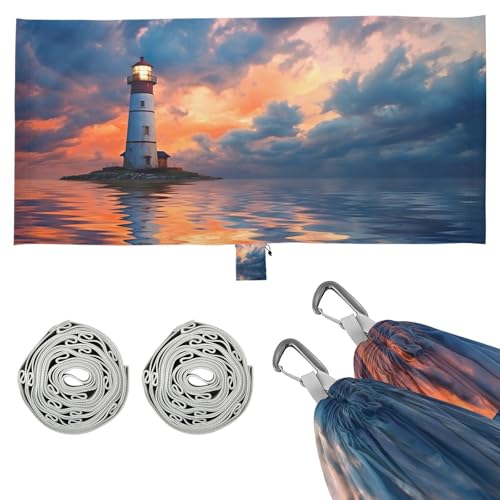 SDMKA Lighthouse Pattern Camping Hammock, 330 lbs with 2 Tree Straps, Carry Bag, Single Portable Hammock for Outdoor/Indoor, Hiking, Beach, Backpacking, Travel