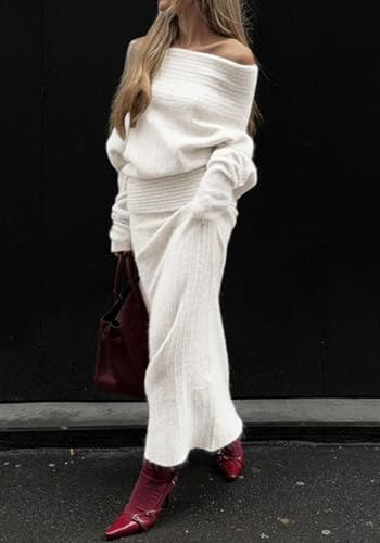 Unybwonn Skirt Sets Women 2 Piece Outfits off the Shoulder Sweater and Knitted Skinny Maxi Skirts Fall Casual Outfits4