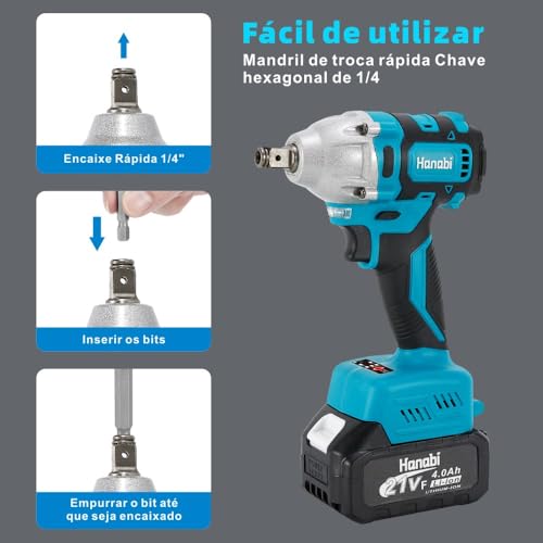 Chave de Impacto Parafusadeira Furadeira Brushless 350N.m Sem Fio 21V + 2 Baterias de 4.0Ah + Kit co