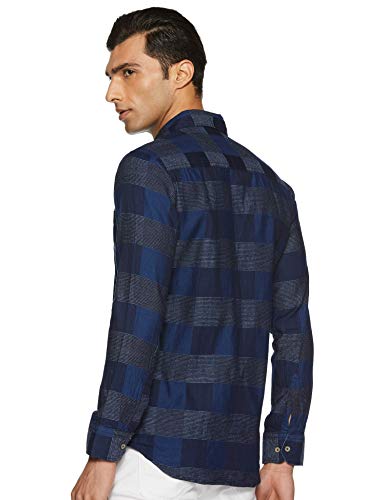 Image of CAHOOT Men's Navy Blue Checkered Button Up Shirt Regular Fit for Casual Wear | Structured Shirt Crafted with Regular Full Sleeve and Comfort Fit for Everyday Wear