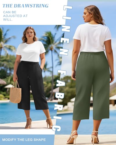 Riyiper 2 Pack Women's Plus Size Cotton Linen Capri Pants, Wide Leg High Waist Palazzo Casual Drawstring Trouser with Pockets2