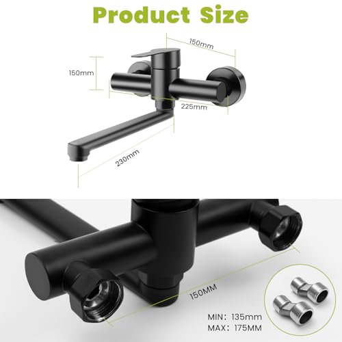 Wasserhahn Wandmontage, Edelstahl Wasserhahn Küche Wandmontage, Küchenarmatur Wandmontage, Kalt und Heiß Einhebelmischer, Mischbatterie Küche, 23cm 360°Schwenkarm, Schwarz