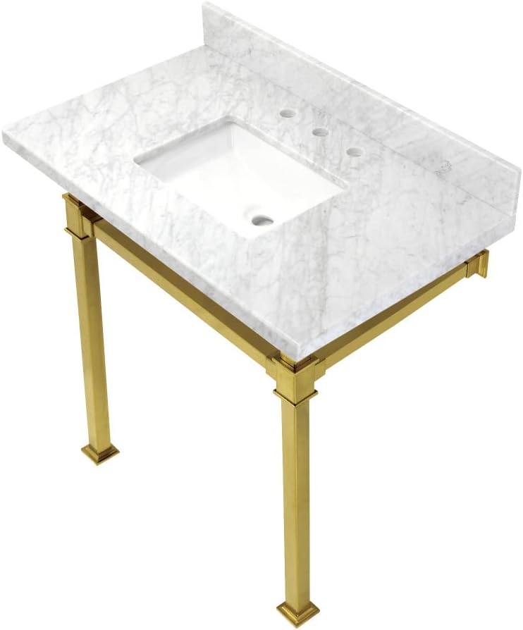 Kingston Brass KVPB36MSQ7 Monarch 36-Inch Carrara Marble Console Sink, Marble White/Brushed Brass