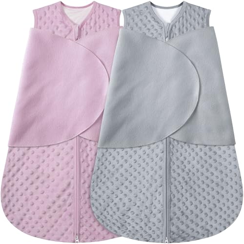 Image of Fleece Newborn Sleep Sack Baby Swaddle,3-Way Adjustable Wearable Blanket,2 Pack Fleece Swaddling Sleeping Bag TOG 2.0， (Gray & Pink, 3-6 Months)