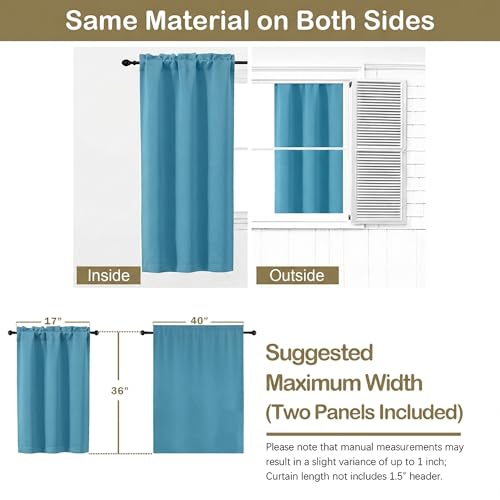 Image of Turquoise Blackout Curtains for Small Window Treatment, Light Blocking Short Kitchen Window Curtains Over Sink, Dual Rod Pocket Half Window Tiers for Bathroom Basement, 2x40Wx36L Inches