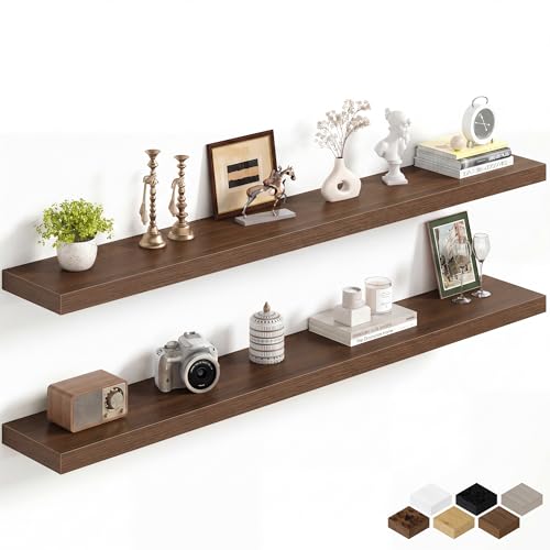 Image of Fun Memories 60Inch Long Floating Shelves, 8 Inch Deep Shelves for Bedroom|Living Room, Wall Mounted Wood Hanging Shelf with Invisible Brackets for Fireplace Mantel Home Storage Decor, Walnut - 2 Pack