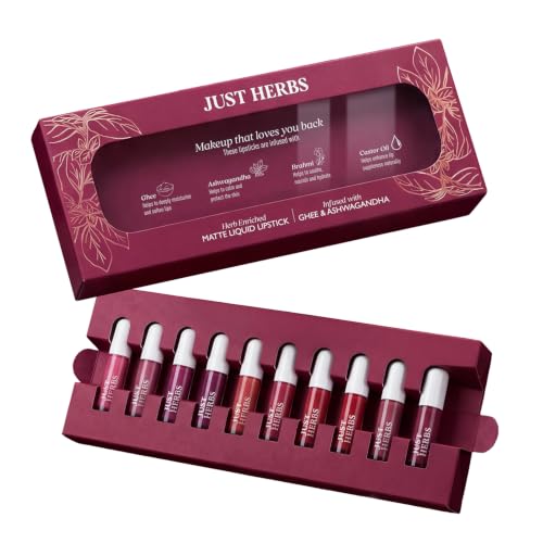 Image of Just Herbs Herb‑Enriched Matte Liquid Lipstick Set of 10 | Long‑Lasting, Non‑Drying, Transfer‑Resistant | Infused with Ghee, Ashwagandha & Brahmi | For Indian Skin Tones
