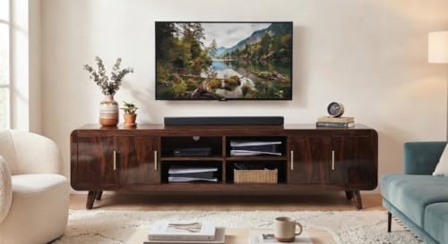 Image of sheesham Wooden TV Cabinet for Living Room 65+ inch - TV Table for Living Room Entertainment Unit - Wooden TV Unit for Livingroom 65 Inch with 4 Open Shelf & 4 Door (Cizo Walnut)