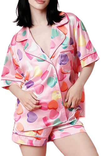 Image of Yiulangde Valentine Candy Heart Silk Pajamas Lounge Satin Short Pajama Set for Women 2 Piece Y2k Long Sleeve Pj Shorts Outfit Sleepwear