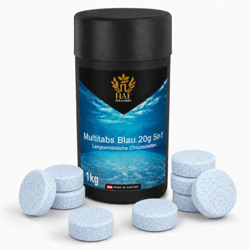 HAF Pool Chlor-Tabletten Blau (1 x 1 kg Dose) langsam lösliche Chlortabletten (20g pro Stück) | Chlor Multitabs 5 in 1 für Poolpflege Desinfektion Algenvorbeugung & hygienisch klares Poolwasser