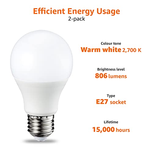 Amazon Basics LED E27 Edison Screw Bulb, 8.5 W (Equivalent to 60W), CRI80, Warm White, Dimmable - Pack of 2 - Image 4