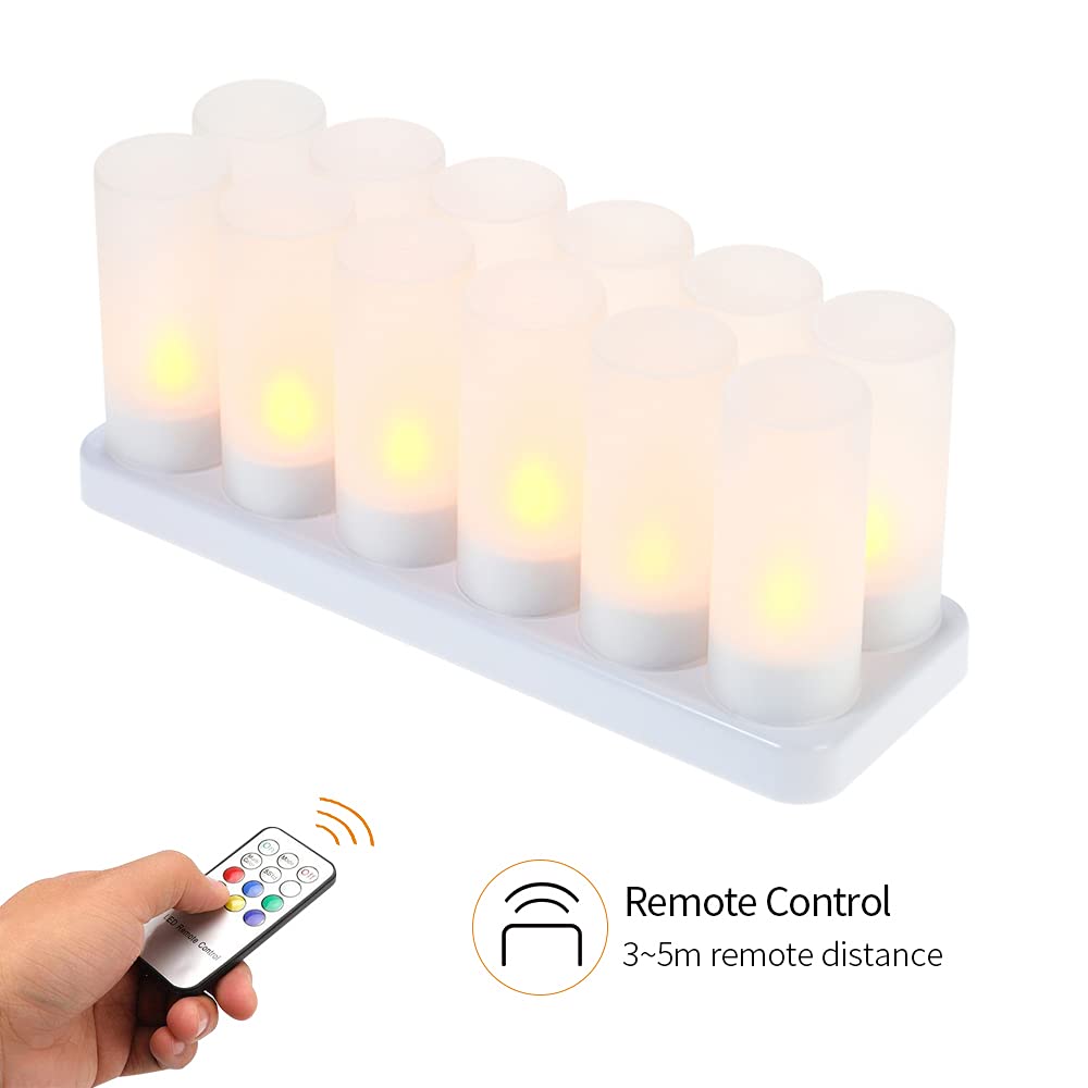 Atmosfera lampa zestaw 12 diod LED zmieniających kolor migoczące bezpłomieniowe świeczki tealight światła z pilotem USB 5 V matowe kubki podstawa ładująca na przyjęcie bożonarodzeniowe, święta,