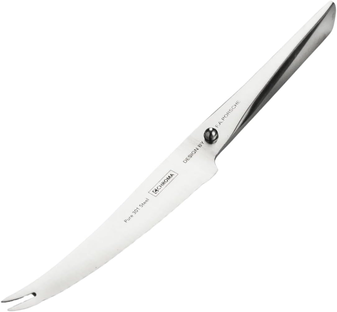 jarak dekat view of the Chroma P10 Tomato Knife blade and handle